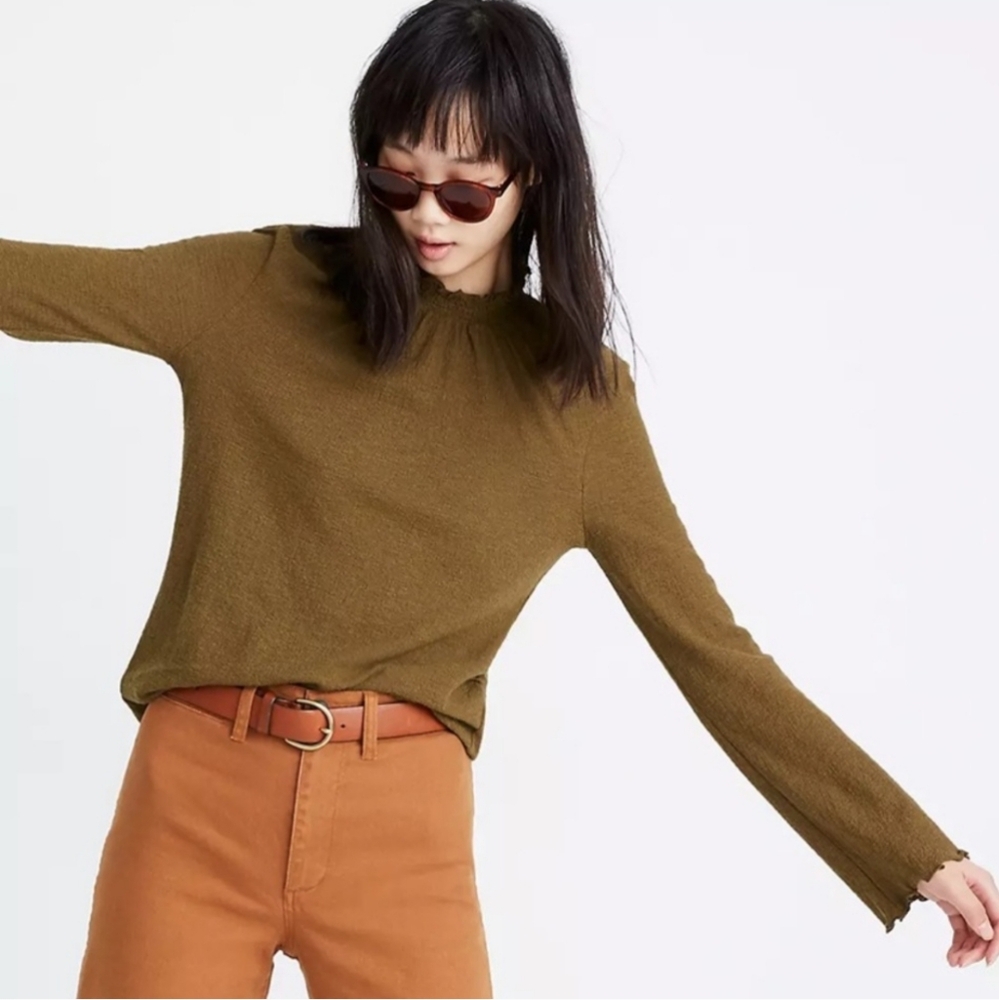 Madewell TEXTURE & THREAD Olive Green Ruffle‎ Mockneck Top Size XS